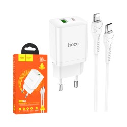 Hoco Charger N28 Founder PD20W+QC3.0 Type-C+ USB con Cable Type-C a Lightning 1m Blanco